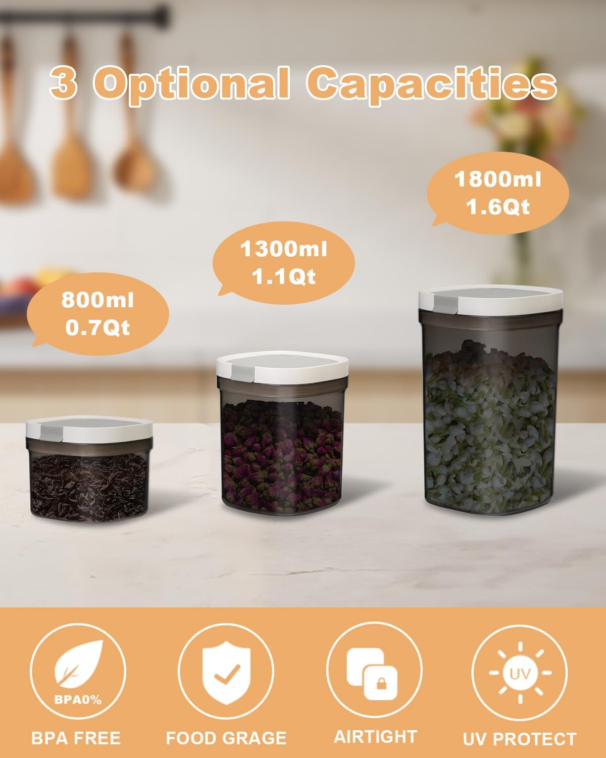 Airtight Food Storage Containers Set, 1.1QT BPA Free Coffee Canisters with Magnetic Scoop, Ideal for Beans, Ground Coffee, Spices, Herbs, Keeps Freshness, Easy to Clean