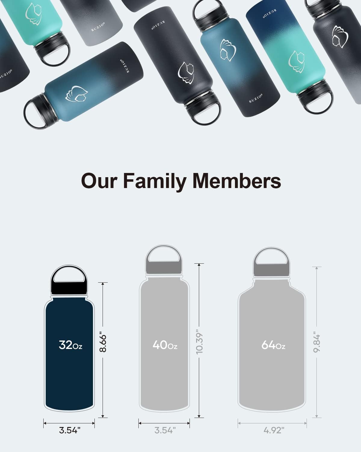 BUZIO 32 oz Water Bottle Insulated with Straw & 3 lid and Carrying Pouch, Leak Proof Anti-Slip Stainless Steel Water Flask Jug, Cold for 48 Hrs Double Vacuum Thermo Canteen, BPA-Free, Shadow