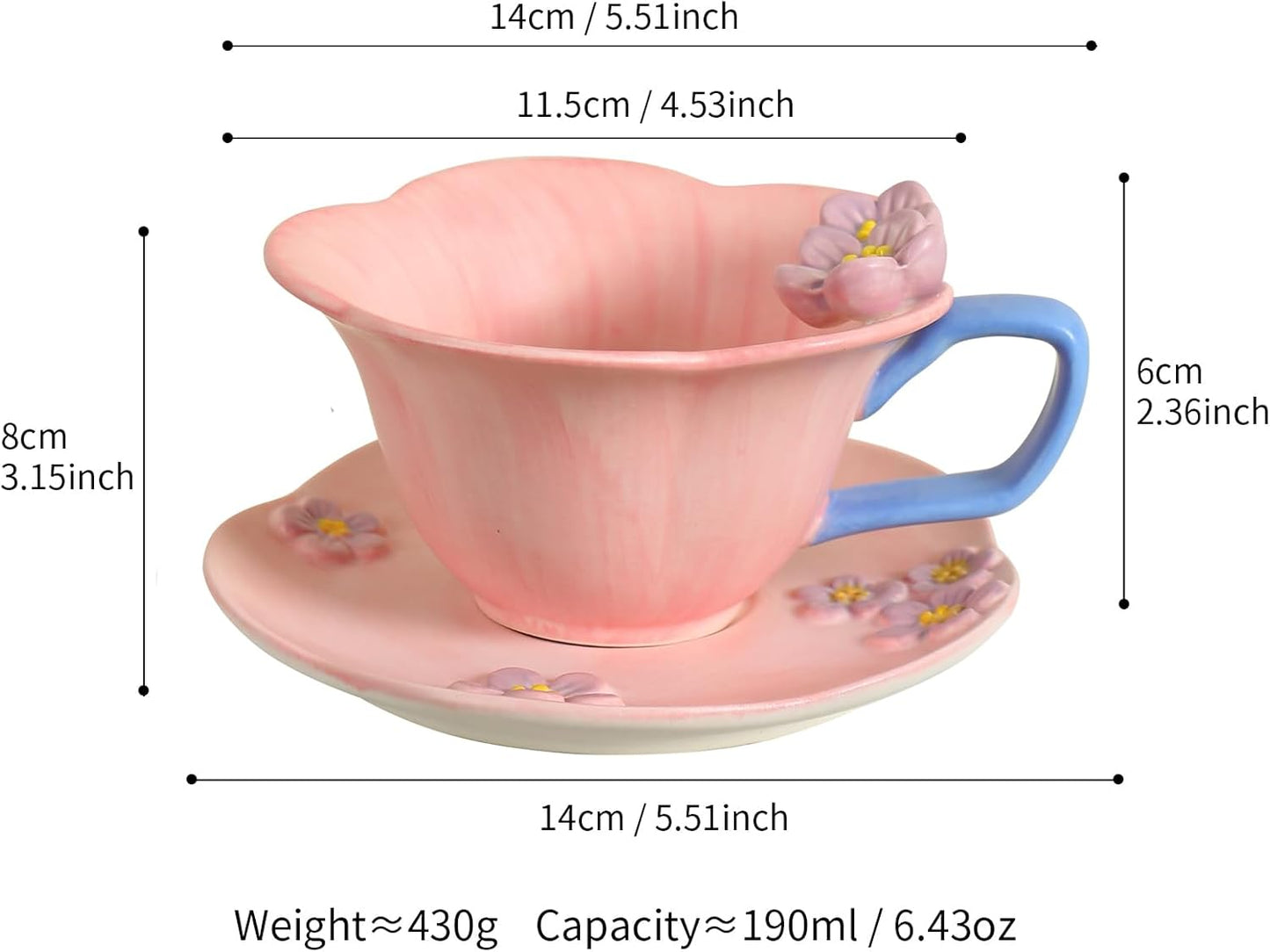 Floral Tea Cups and Saucers, Ceramic Cute Coffee Mug for Women Tea Party, Cappuccino Latte Milk (Pink)