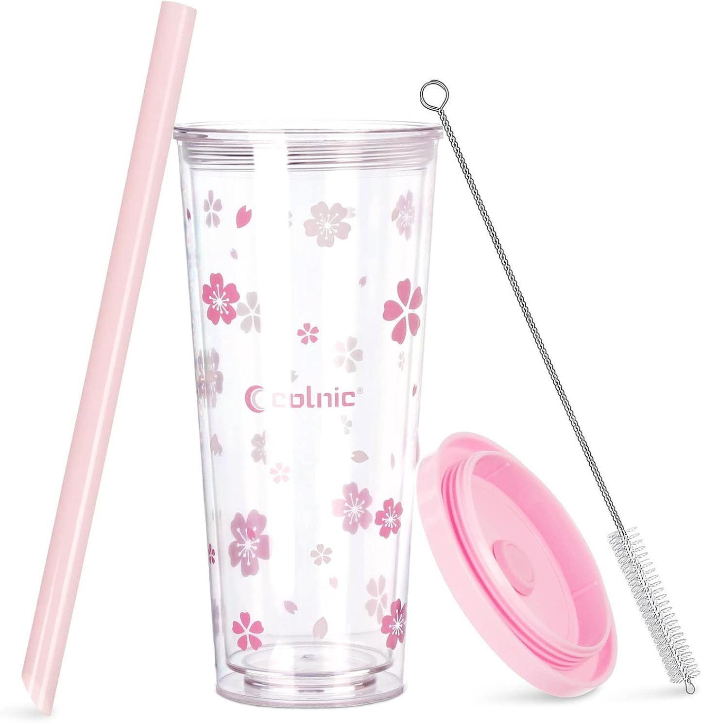 Reusable Plastic Boba Cup With Lids And Straws, 24Oz/700ml Smoothie Cups, Iced Coffee Cup, Leakproof Kawaii Cup, Boba Tumbler With Boba Reusable Straw,Double Wall Clear Bubble Tea Cup