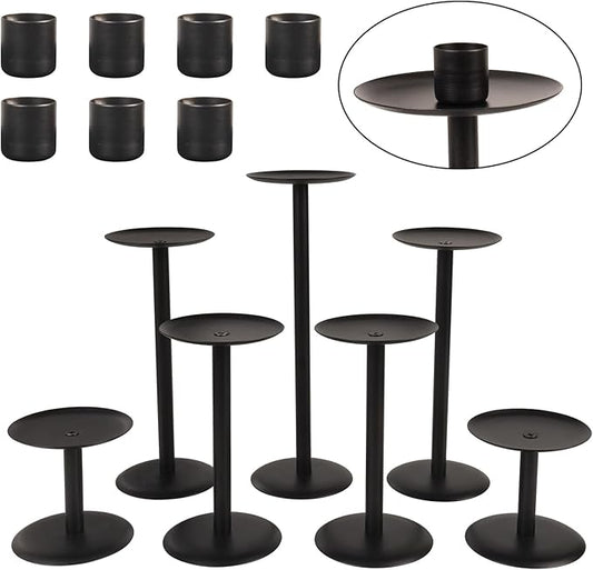 Set of 7 Metal Black Candle Holders, Assemblable Pillar and Taper Candlesticks, Halloween Fall Thanksgiving Day Dining Table Centerpieces Decor, Mantle Fireplace Candle Sticks Decorations