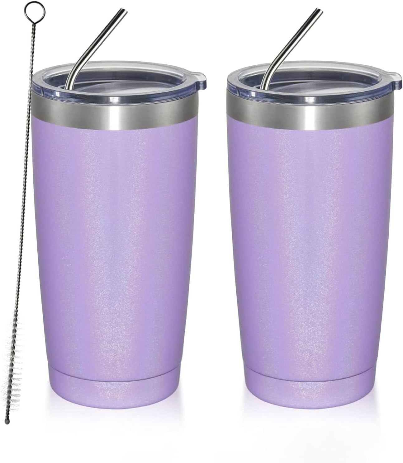 MEWAY 20oz Tumbler 2 Pack Double Wall Vacuum Insulated Travel Glitter Mug Bulk, Stainless Steel Tumblers with Lid and Straw, Powder Coated Coffee Cups for Woman(Rainbow Purple,Set of 2)