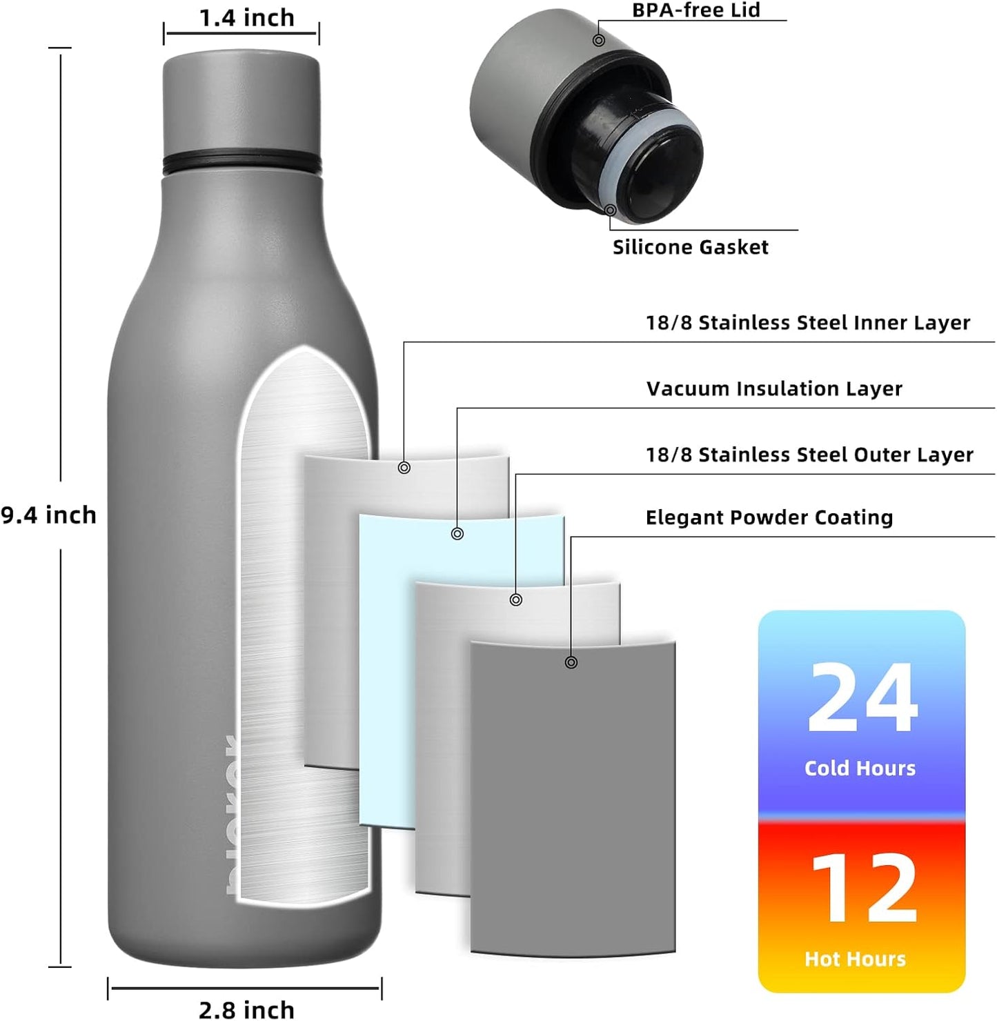 BJPKPK Insulated Water Bottles, 18 oz Stainless Steel Metal Water Bottle with Strap, BPA Free Leak Proof Thermos, Mugs, Flasks, Reusable Water Bottle for Sports & Travel, Grey