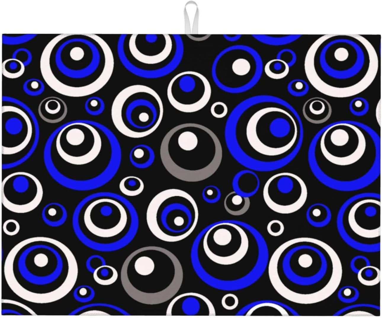 Blue Black White Geometric Circle Dish Drying Mat for Kitchen Counter, 18" x 24" Absorbent Microfiber Drying Pad for Dishes, Modern Decor Kitchen Mat, Foldable, for Sink Dining Area Small Appliances