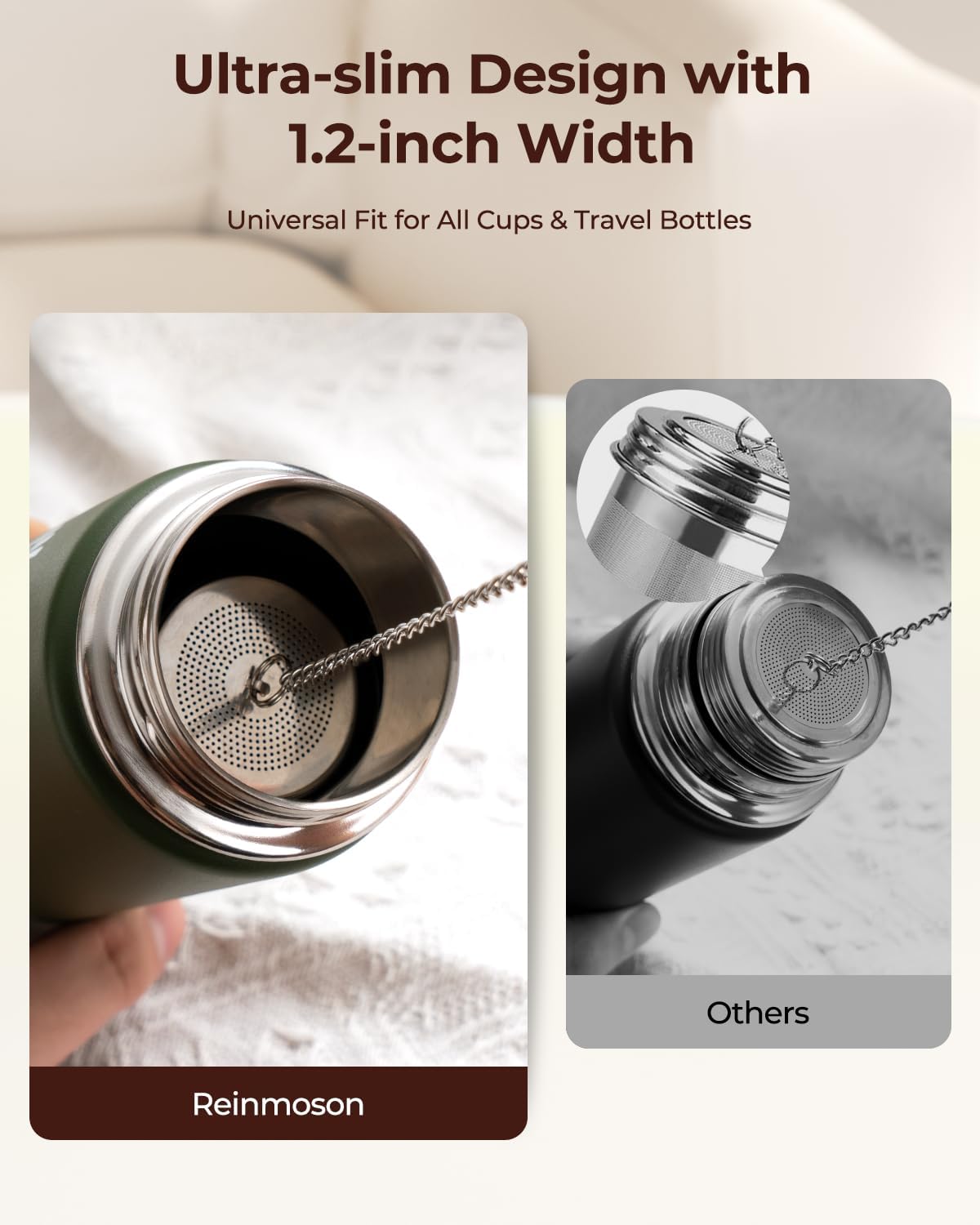 2 Pack Reinmoson Mini Tea Strainers for Loose Tea, Extra Fine Mesh Tea Infuser, 304 Stainless Steel & Updated Slim Threaded Lid, Loose Leaf Tea Steeper for Black Tea, Rooibos, etc