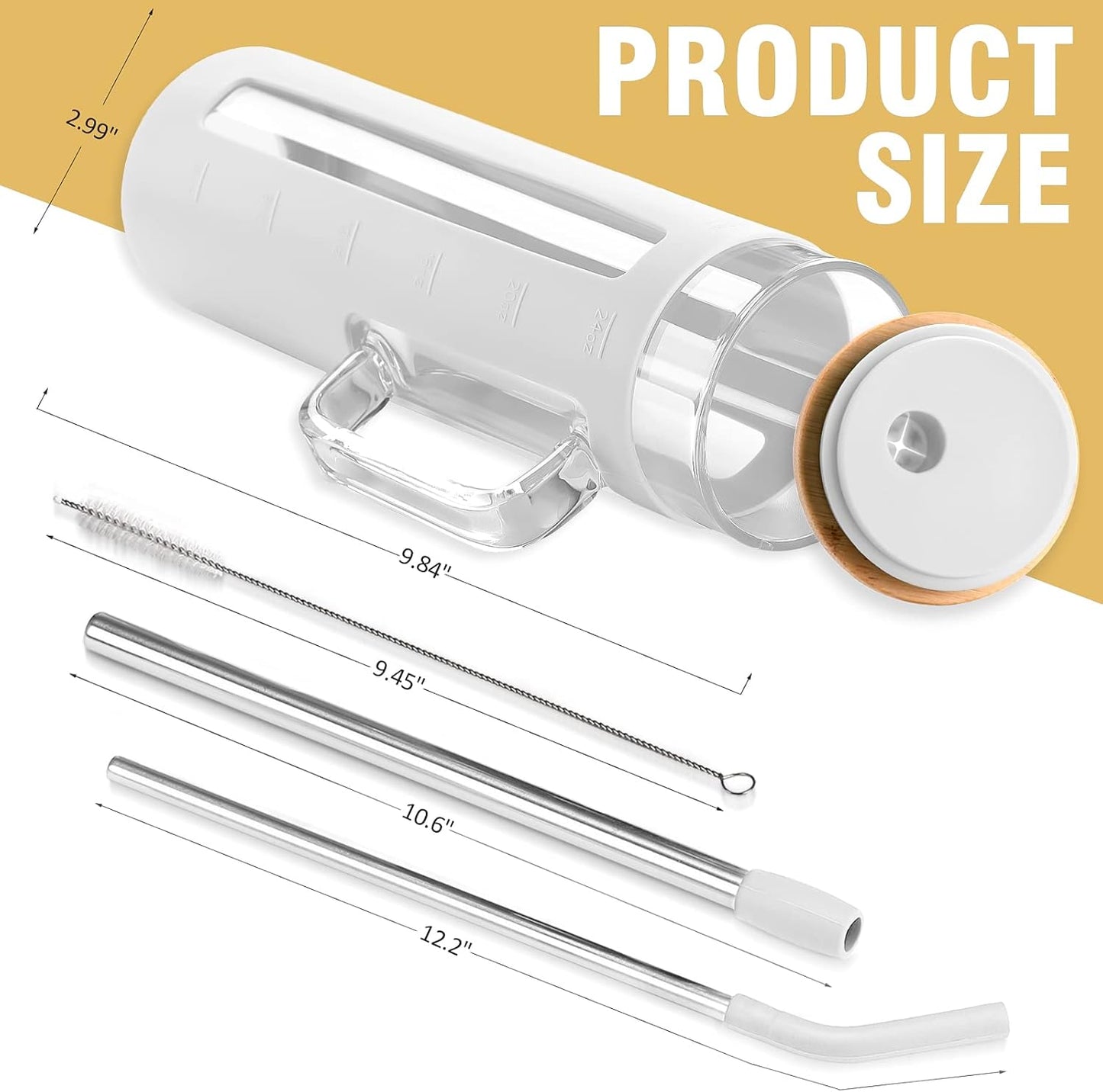 Kodrine Tumbler with Lid and Straw, 24 oz Glass Tumbler with Handle, Iced Coffee Cup Boba Smoothie Cup, Coffee Tumbler Water Tumbler Cups with Bamboo Lid Home Office Tumblers, White