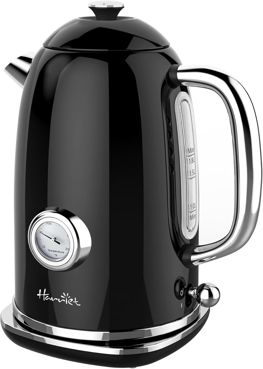 Harriet Electric Kettle, 1.8L Retro Electric Tea Kettle with Thermometer, 1500W Stainless Steel Hot Water Kettle Electric with LED Indicator, Fast Boiling, Cordless, Auto Shut-Off, Black