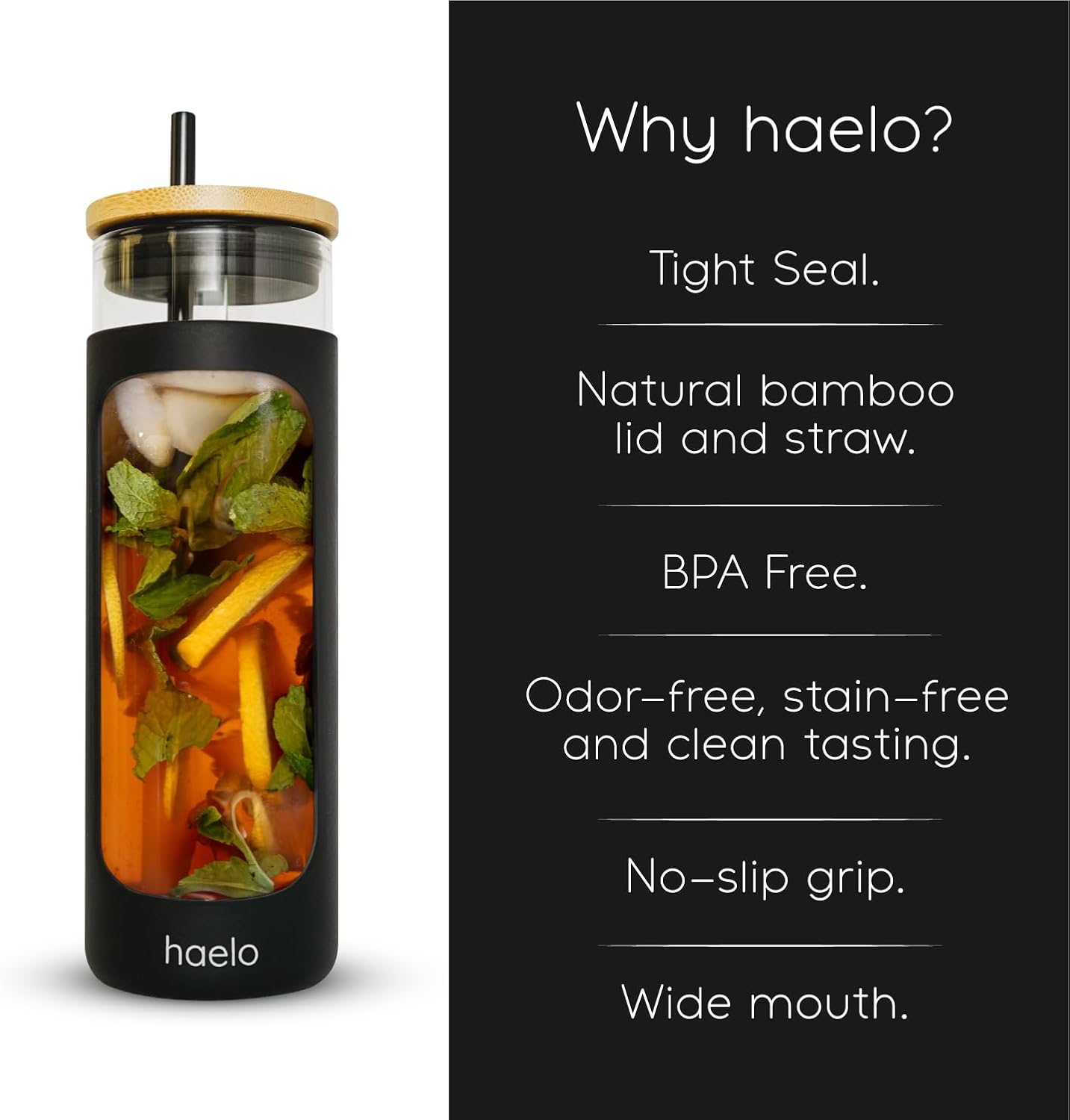 haelo 20oz Glass Tumbler Water Bottle, Iced Coffee Cup with Straw, Silicone Protective Sleeve, Bamboo Lid Reusable BPA Free (Sage Green)