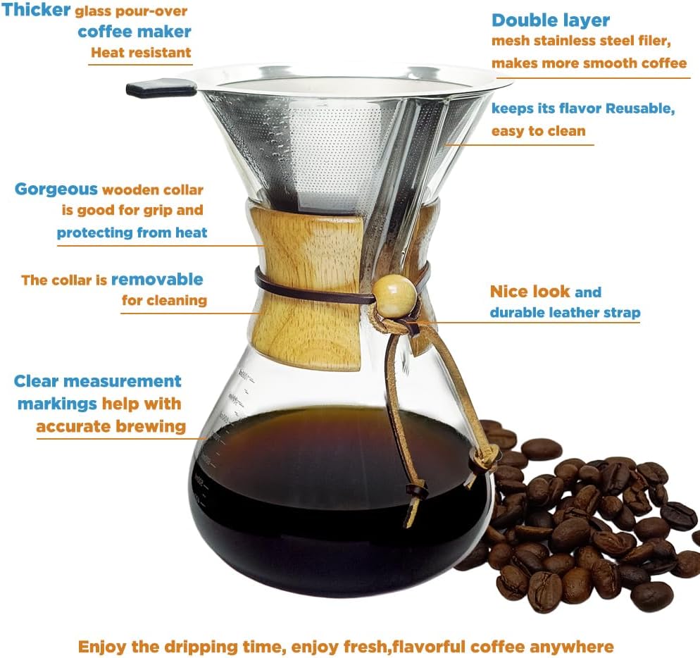 Pour Over Coffee Maker with Filter Subjectthree 34oz Glass Coffee Carafe Dripper Pourover Set (10 Cup/34 oz)