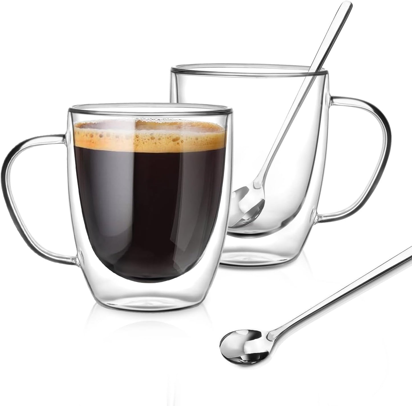 Large Double Wall Glass Coffee Mugs 18 oz, Clear Coffee Cup With Handle,Insulated Coffee Mugs Set of 2 With Spoons Perfect for Espresso, Cappuccino, Latte, American,Tea Bag, Beverage