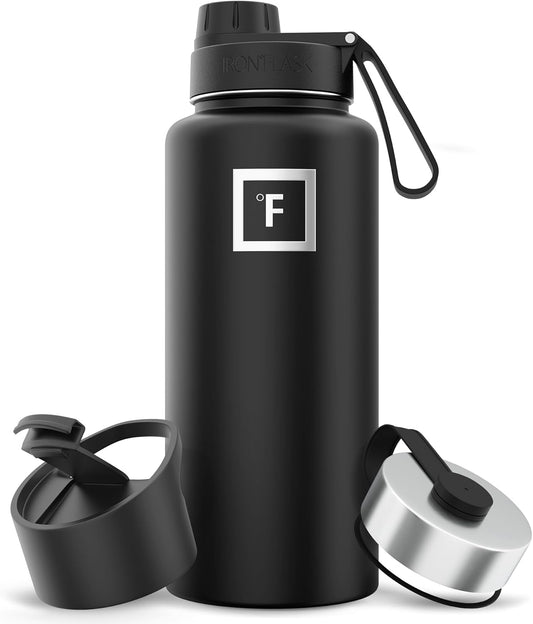 IRON °FLASK Camping & Hiking Hydration Flask with 3 Lids - Stainless Steel, Double Walled & Vacuum Insulated Water Bottle - Leak Proof & BPA Free (Midnight Black, Spout - 32 oz)