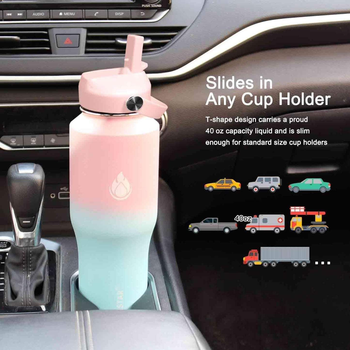 SENDESTAR 40oz Stainless Steel Water Bottle(Cold for 48 Hrs, Hot for 24 Hrs),Double Wall Vacuum Insulated Bottle with Straw Lid, Spout Lid and Flex Cap, Fit in Any Car Cup Holder