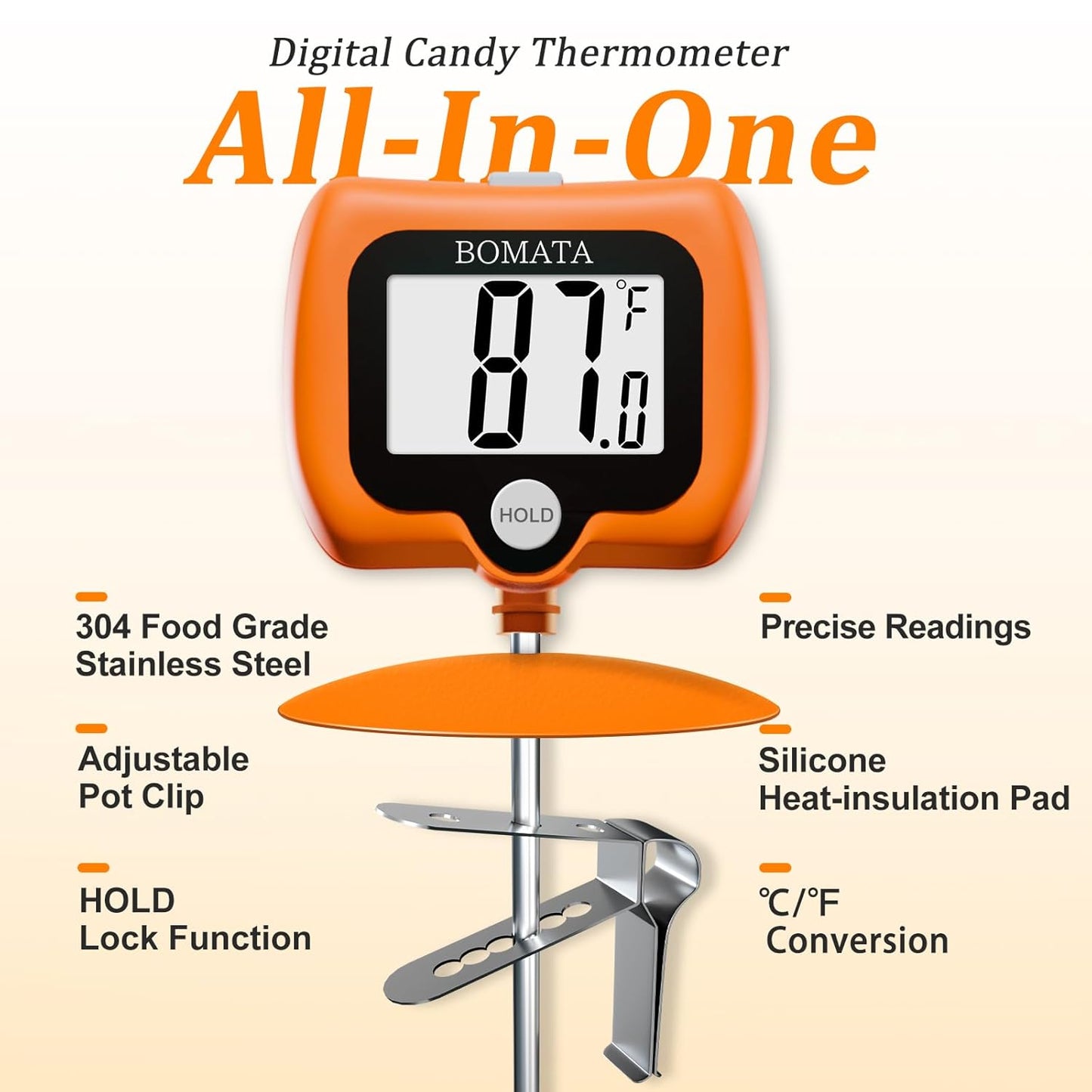 BOMATA Digital Candy Thermometer with Pot Clip, Deep Fry Oil Thermometer with Rotatable Display & Long Probe, for Candy Candle Making, Cooking, Food, Liquids, Water, Sugar.. Orange