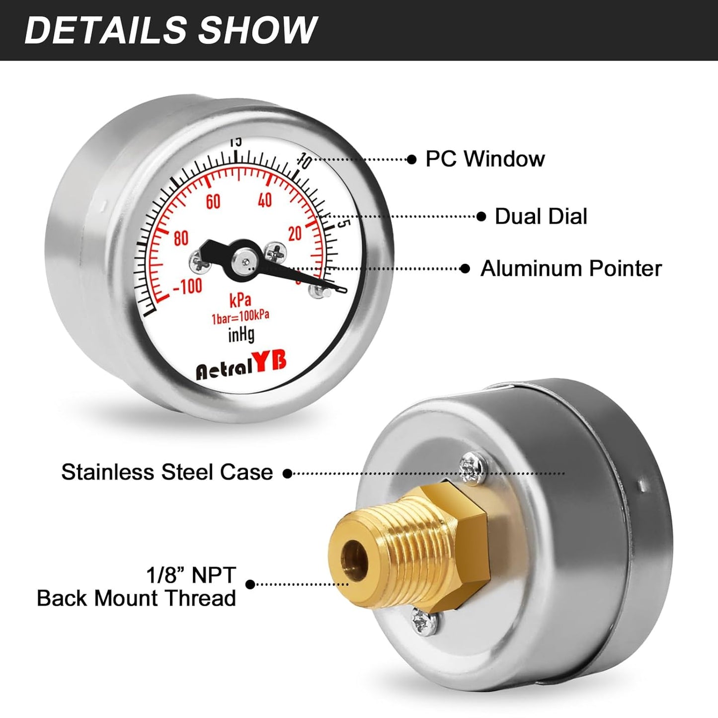 Mini Vacuum Pressure Gauge,Stainless Steel Housing,Brass Internal,1.2 Inch Dial,-30INHG/-100Kpa,NPT 1/8" Back Mount,Dry Type,Lead-Free, for Vacuum Pressure Test
