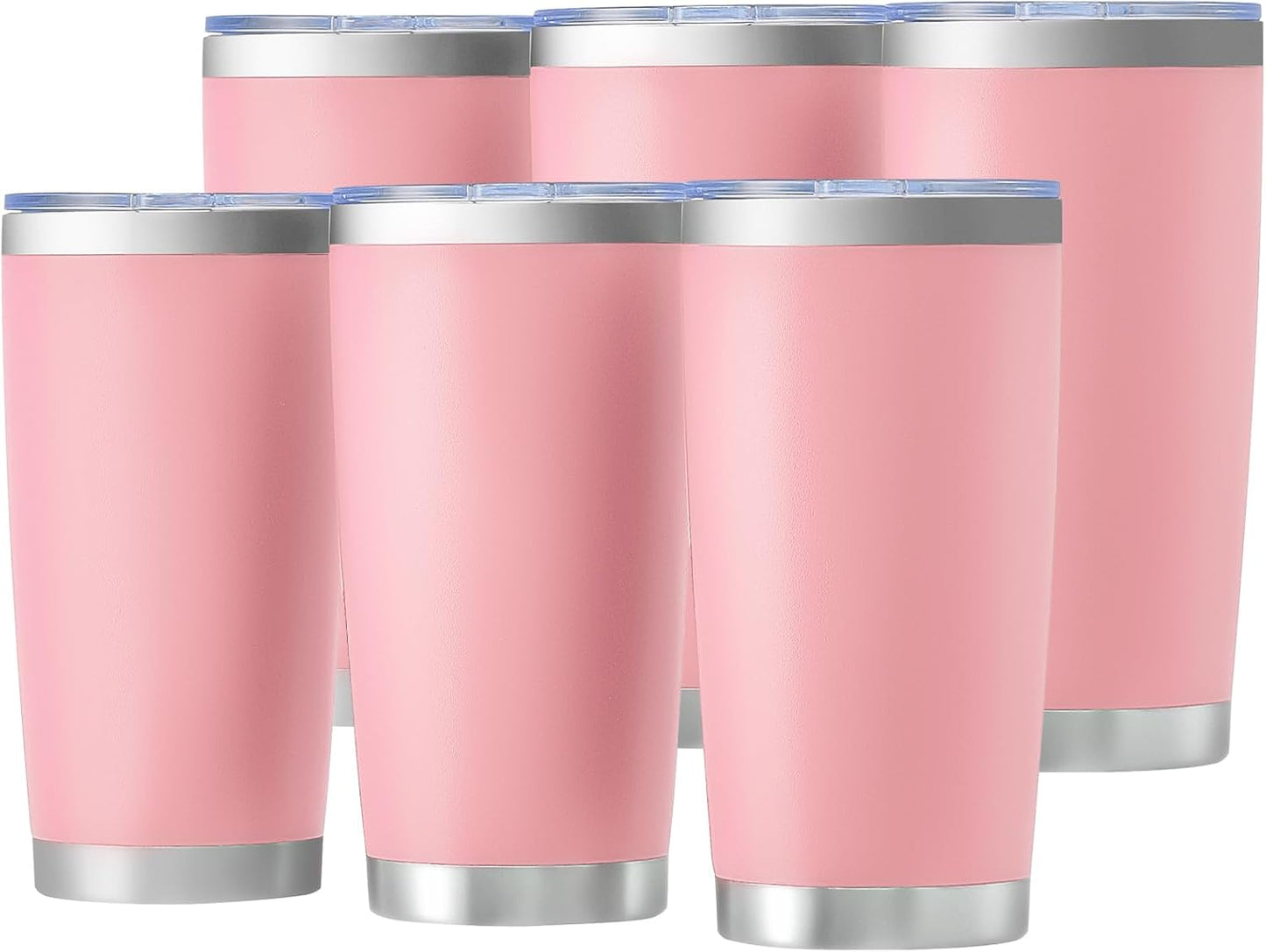 OMTech 20oz Tumblers Bulk, 6pc Stainless Steel Tumbler Set with Lid & Straw, Double Wall Vacuum Insulated Mug for Laser Engraver, Travel Coffee Mug for Hot & Cold Drinks, Pink Powder Coated Cup