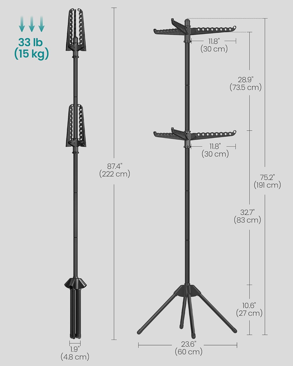 SONGMICS 2-Tier Clothes Drying Rack, 75.2-Inch Folding Laundry Drying Rack with 6 Rotatable Arms for Hangers, Stainless Steel, for 54 Pieces of Clothes, Black ULLR514B01
