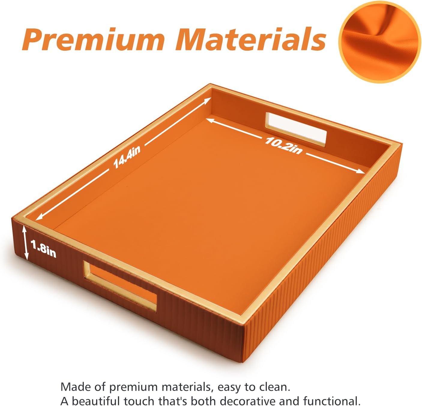 SANZIE Leather Tray Desktop Storage Organizer Premium Serving Tray Decorative Tray Valet Tray for Sundries Cosmetics Phone Wallet Cutlery, Rectangular, Orange