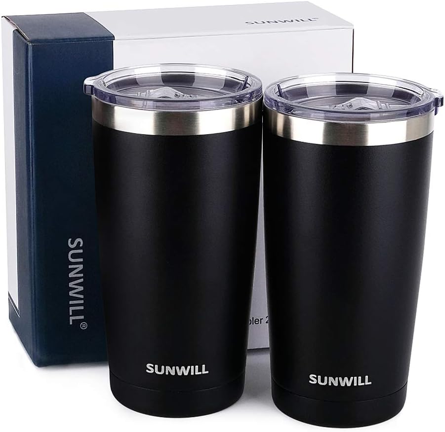 SUNWILL Travel Coffee Mug with Lid, 20 oz Tumbler Set of 2, Insulated Stainless Steel Cup for Water, Tea, Ice, Powder Coated Black 2 pack