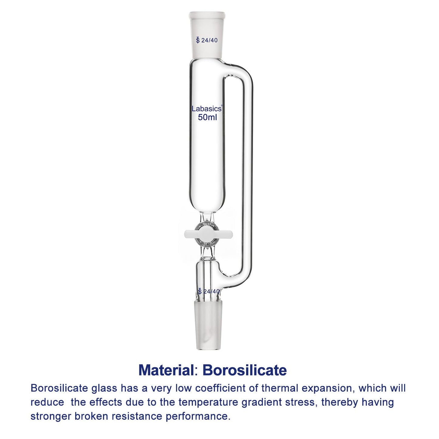 Labasics 50 ml Pressure Equalizing Addition Funnel, Borosilicate Glass Dropping Funnel 24/40 Joint with PTFE Stopcock for Laboratory