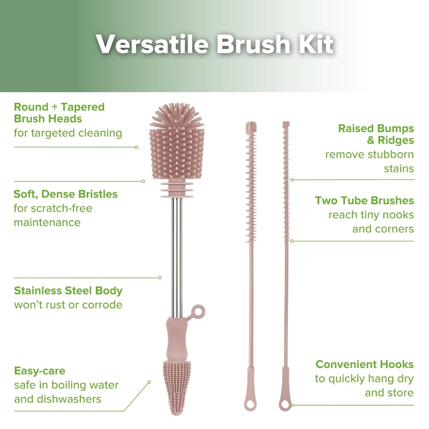 Haakaa Silicone Cleaning Brush Kit - Baby Bottle Brush Cleaner for Breast Pump,Nipple,Breast Milk Storage Bag,Reusable Straw,Sippy Cup - Food Grade Silicone Bristles, Portable - 3 Pcs - Pink