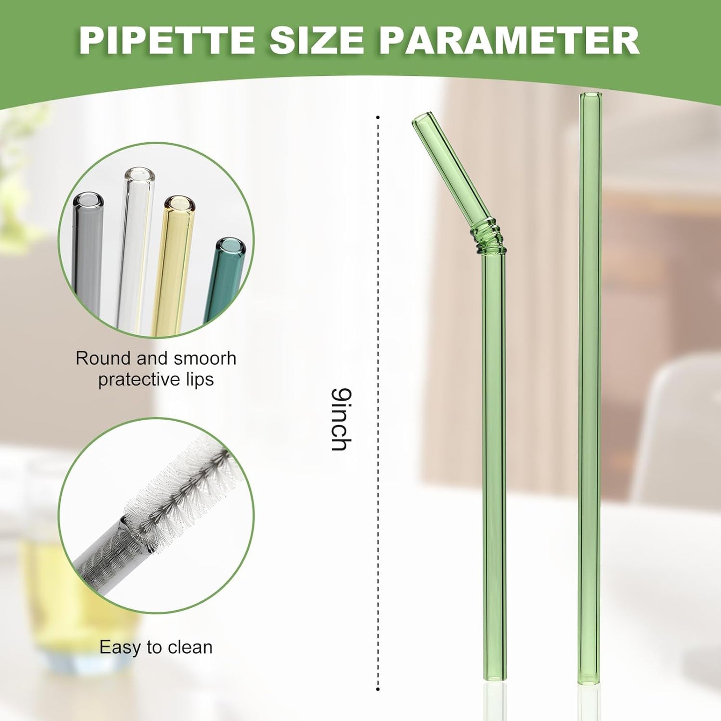 Curved Stained Glass Straws with Designs, 6-Pack Reusable, Approximately 9 Inches Long, 8MM Diameter, Shatterproof and Heat-Resistant, Includes 2 Cleaning Brushes.