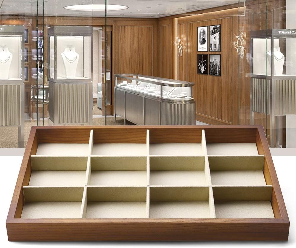 Oirlv 12 Grids Wood Jewelry Organizer Tray Stackable Jewelry Drawer Tray Bracelet/Watch Showcase Display Storage(Creamy-white)