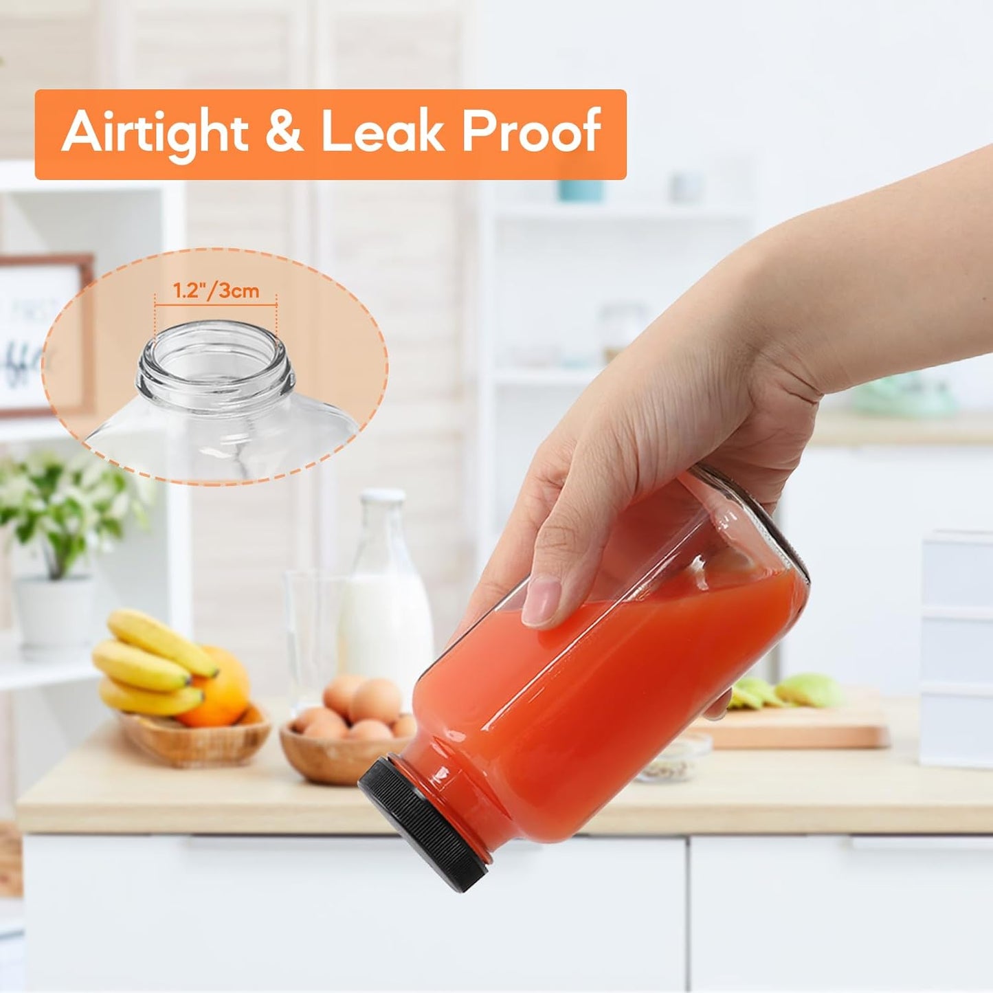 STARSIDE 8 oz 3 Pack Glass Juice Bottles with Lids - Square Reusable Drinking Jars for Juicing, Milk, Kombucha - Includes 1 Bottle Brush, 6 Colored Labels