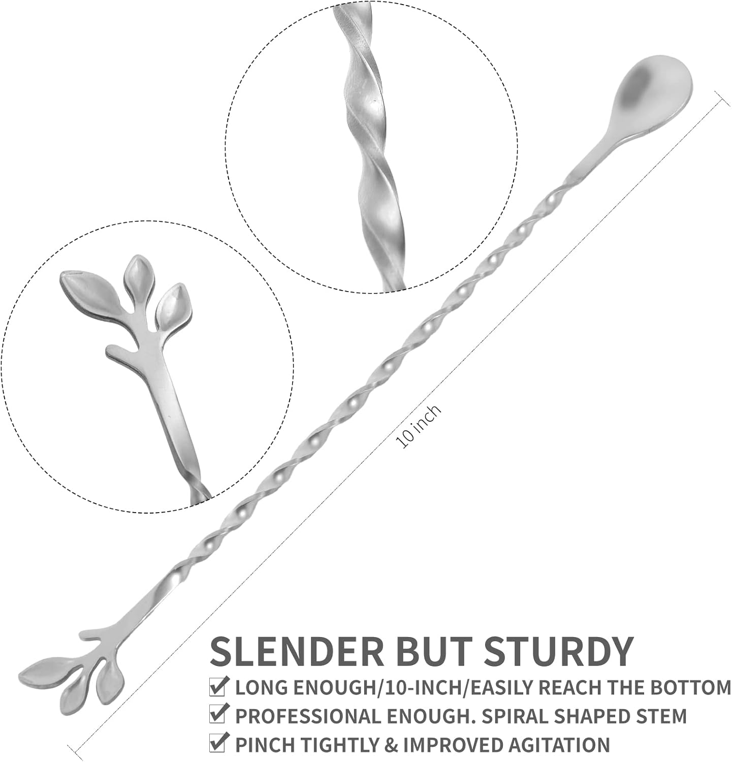 AnSaw Silver 10-Inch Stainless Steel Cocktail Spoon with Leaf Handle - Perfect for Mixing & Layering Drinks in Tall Cups, Bar & Shakers - Durable Long Handle Bar Stirrer,1-Pieces