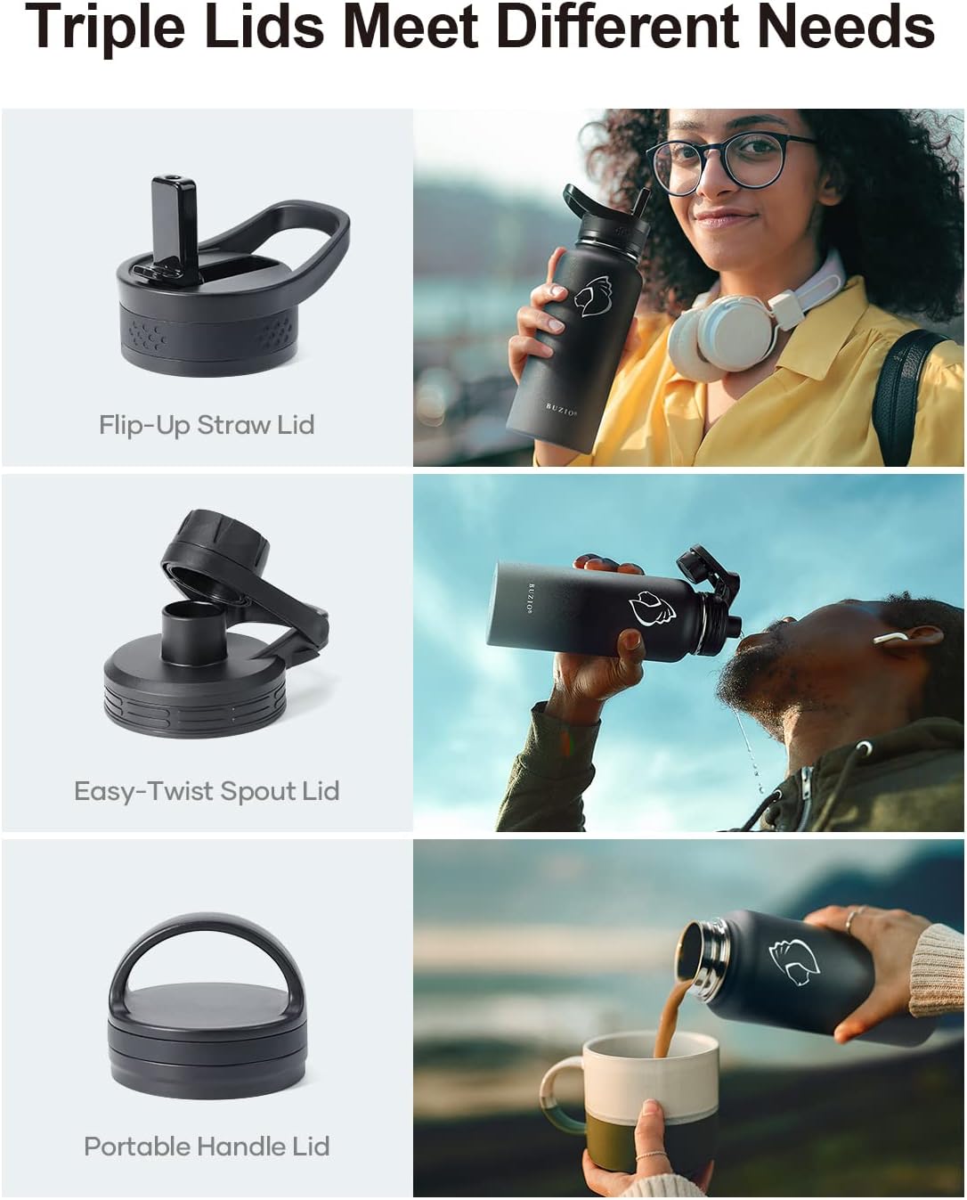 BUZIO 32 oz Water Bottle Insulated with Straw & 3 lid and Carrying Pouch, Leak Proof Anti-Slip Stainless Steel Water Flask Jug, Cold for 48 Hrs Double Vacuum Thermo Canteen, BPA-Free, Shadow