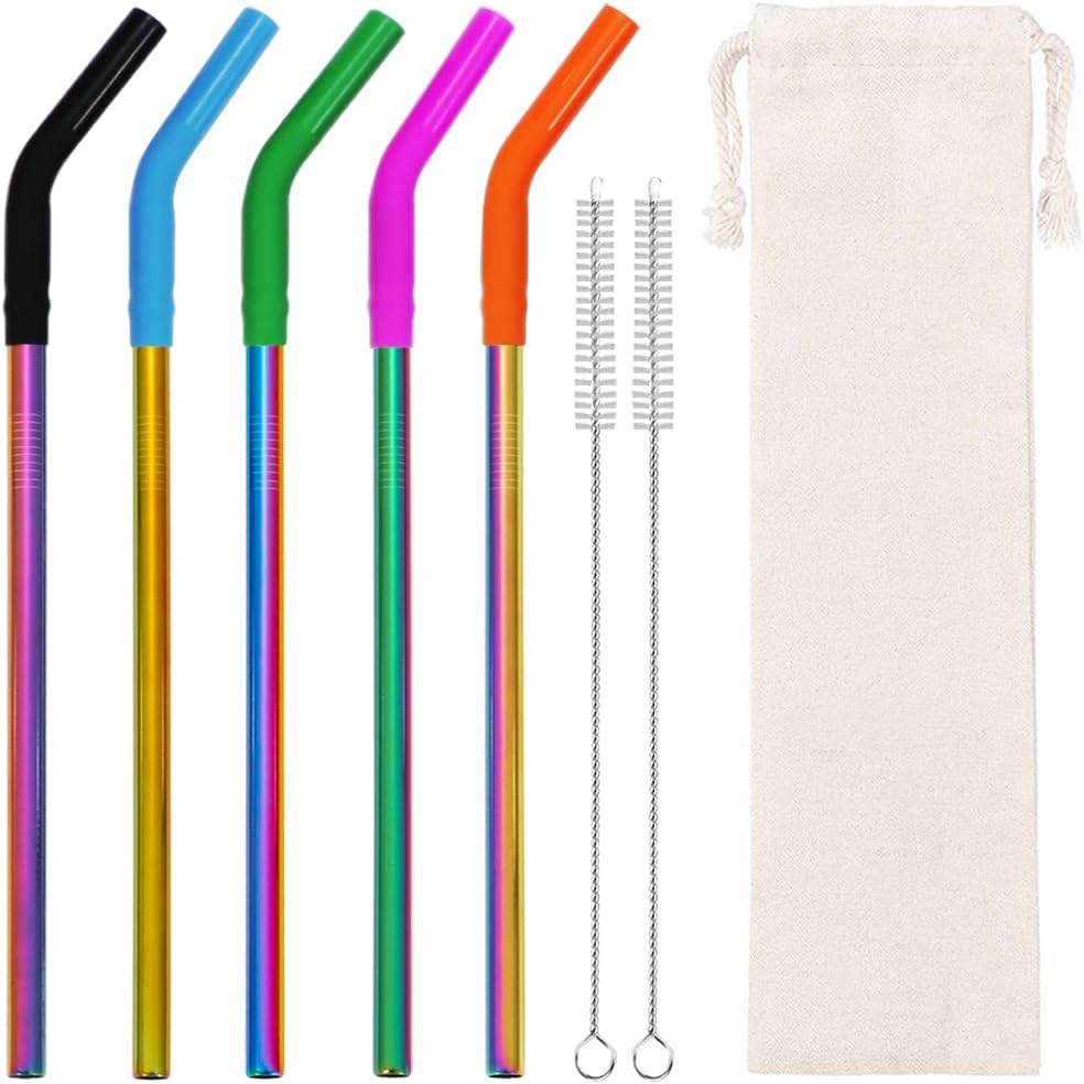 Lazycorner Reusable Stainless Steel Straws Metal Straw with Silicone Tip 5 Pcs 8mm Wide for 20/30/32oz Tumblers Smoothies and Shakes with 2 Cleaning Brushes,1 Portable Bag (Rainbow)