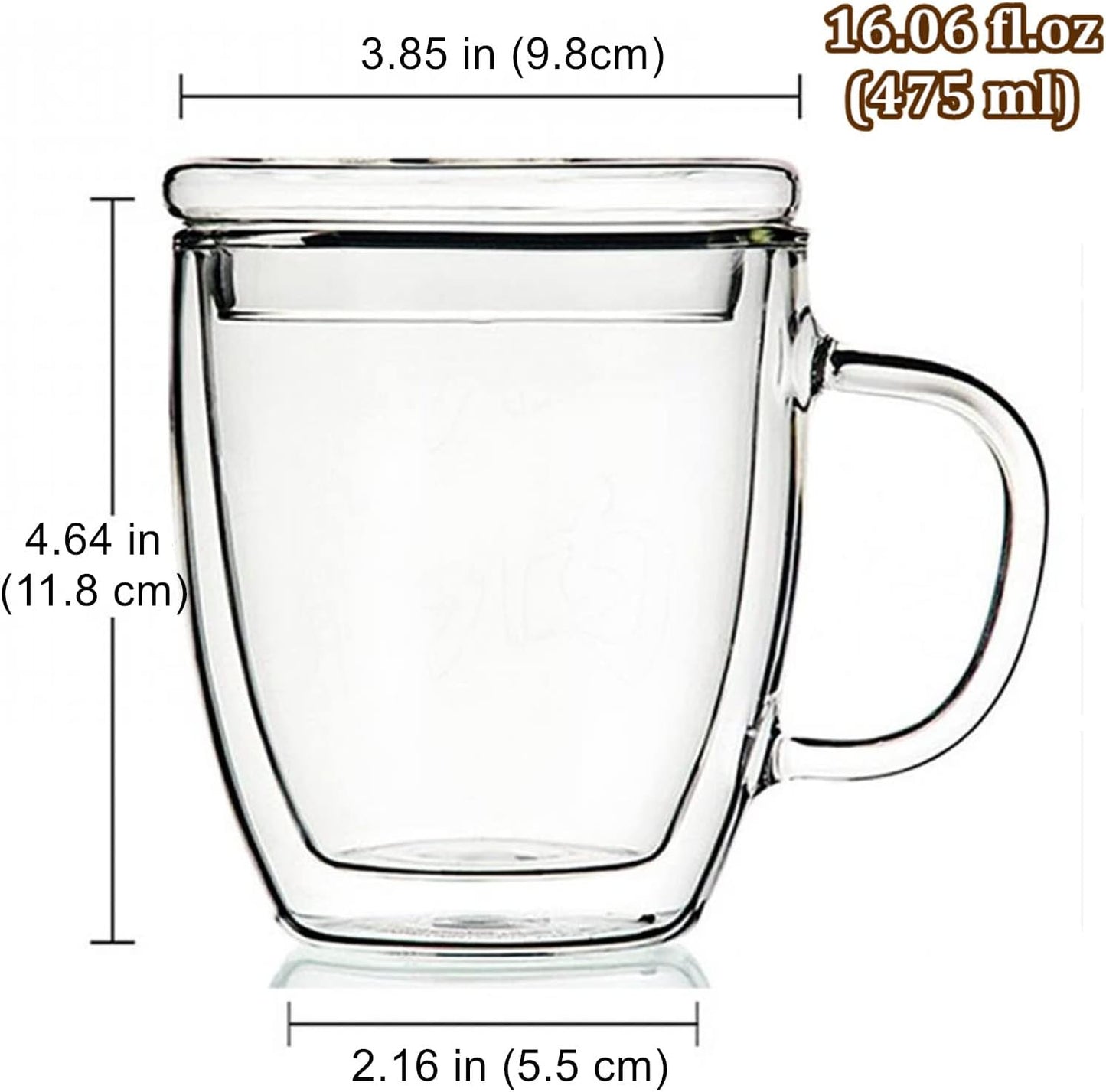 Insulated Espresso Cups - 16 oz Double Wall Glass Mugs With Handle and Lid - Cold & Heat Resistant - Perfect for Coffee, Tea, Milk, Wine