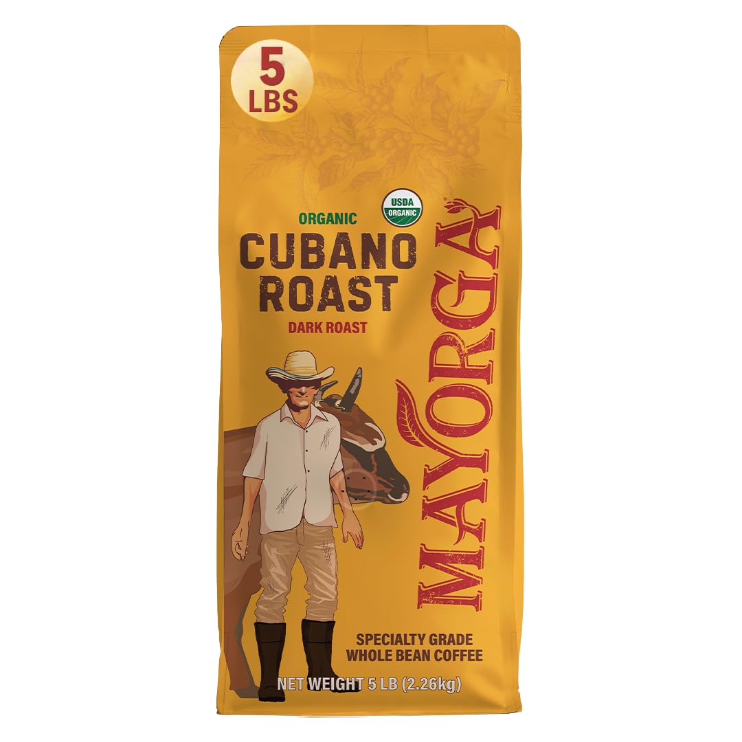Mayorga Dark Roast Coffee 5lb bag Cubano Roast 100% Arabica Café Whole Coffee Beans - Smoothest Organic Coffee - Specialty Grade, Non-GMO, Direct Trade