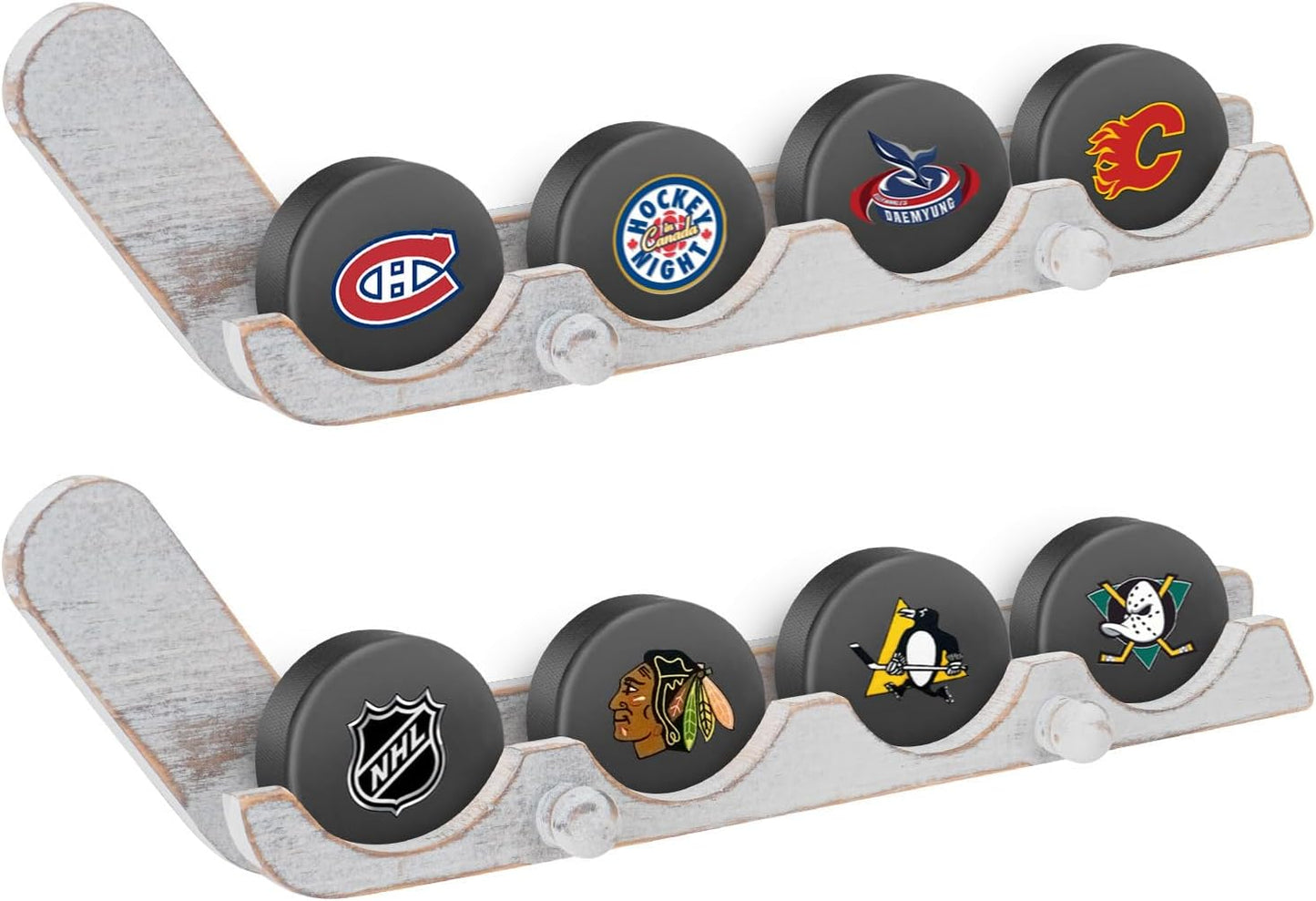 2 Pack Hockey Puck Display Cases Wooden Wall Mount Holder with Hook - Hockey Puck Holder Living Room Stick Decor Accessory for Player Team Gift - Oldwood