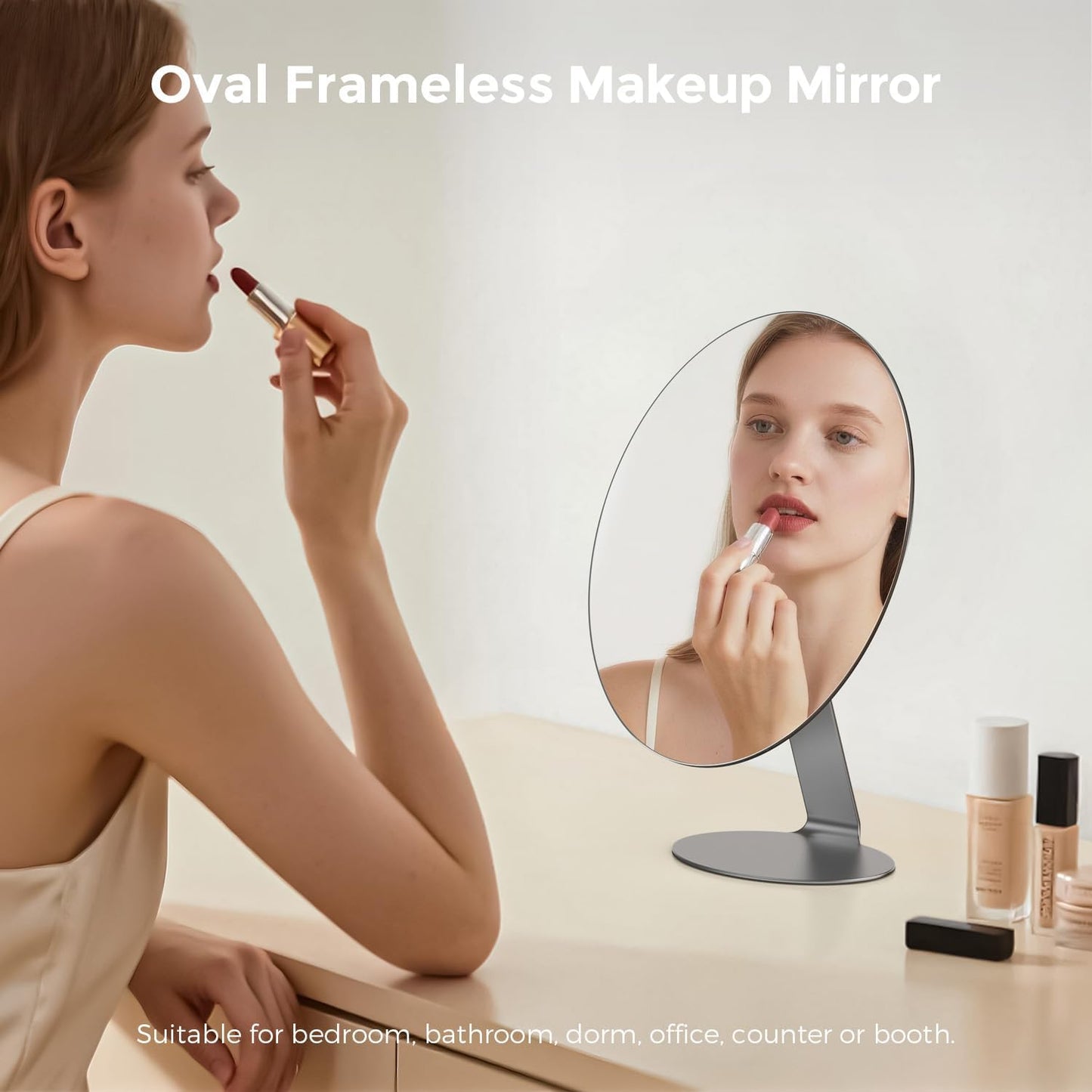 Oval Makeup Mirror for Desk, 12 Inch Frameless Metal Standing Table Top Mirror, Adjustable Angle