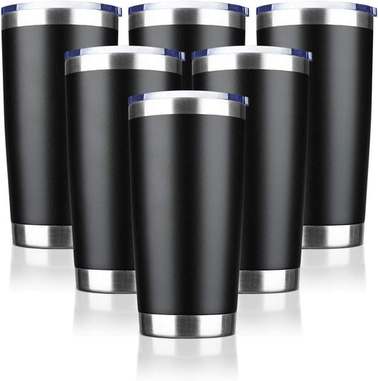 20oz Tumbler Bulk Stainless Steel Vacuum Insulated Tumblers with Lid Double Wall Travel Mug Durable Powder Coated Coffee Cup, Suitable for Ice Drinks and Hot Beverage (Black 6pack)