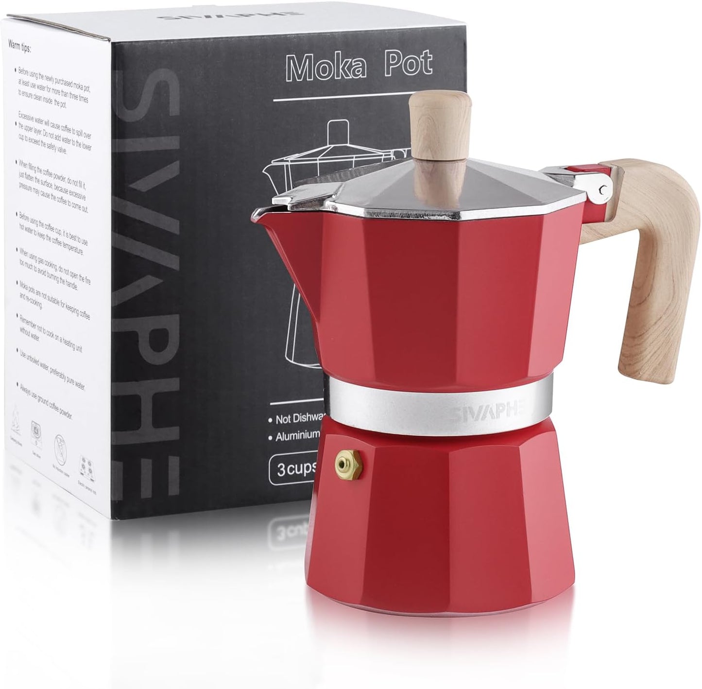 Sivaphe Aluminum Moka Pot 3 Espresso Cups, Percolator Espresso and Coffee Maker, Portable Stovetop Italian and Cuban Café Brewer for Home and Camping Red