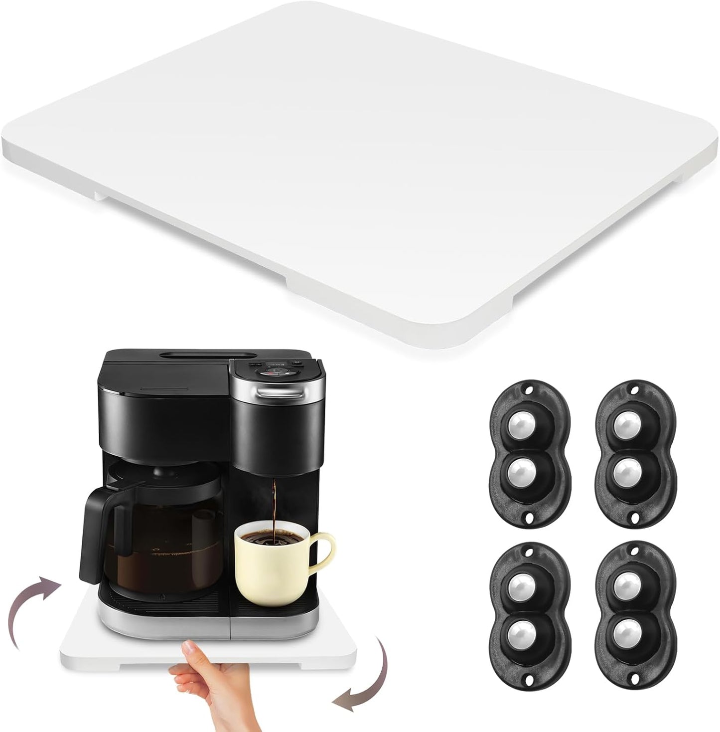 360° Rolling Tray Bamboo Appliance Slider for Kitchen Appliances, Coffee Maker Mat Tray for Countertops Sliding Tray for Coffee Maker Appliances Mat Easily from Under The Cabinet White 11.6×13.9