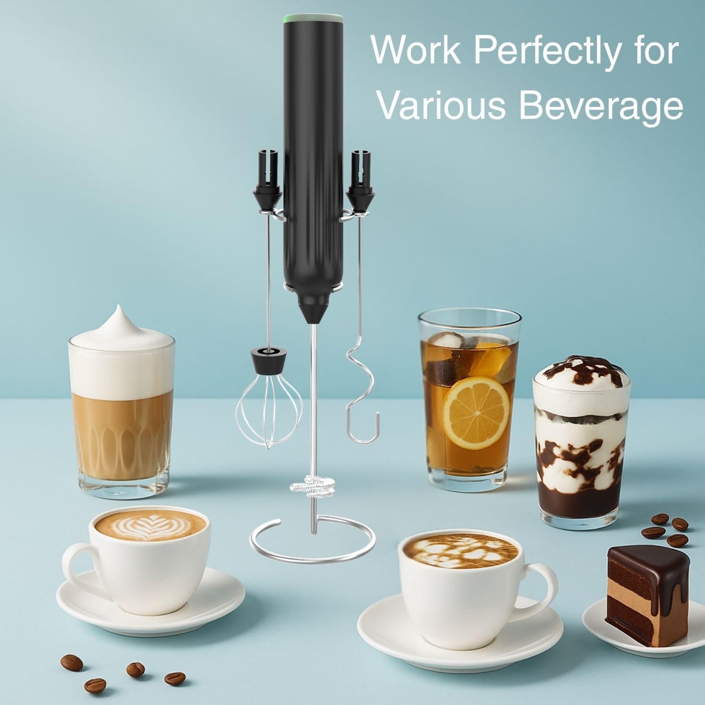 Milk Frother Handheld,3-Speed Rechargeable Coffee Foamer Drink Whisk with 3 Stainless Steel Heads Electric USB C Whisk for Coffee, Latte, Cappuccino, Hot Chocolate, Protein,Egg light Black