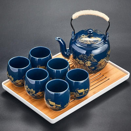 Japanese Tea Set, Black Glazed Tea Set in Gift Box With 1 Teapot, 1 Tea Strainer, 1 Tea Tray and 6 Tea Cups. Ideal Tea Set for Office Home, Asian Tea Sets for Tea Lovers(Country Blue)