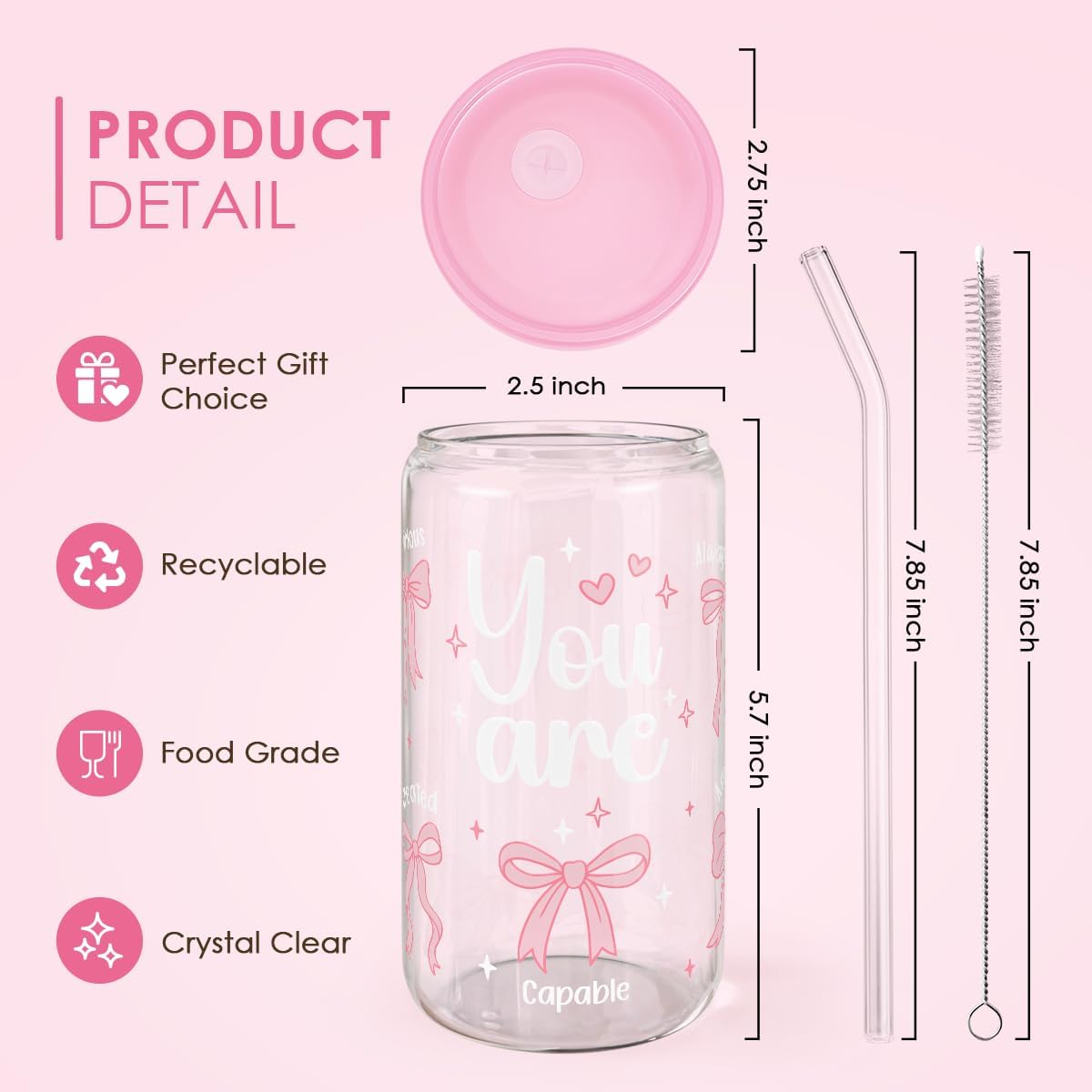 Christian 16oz Can Glass Tumbler with Acrylic Lid & Straw, Iced Coffee Cup for Women Girls, Aesthetic Cups Gifts for Birthday Christmas