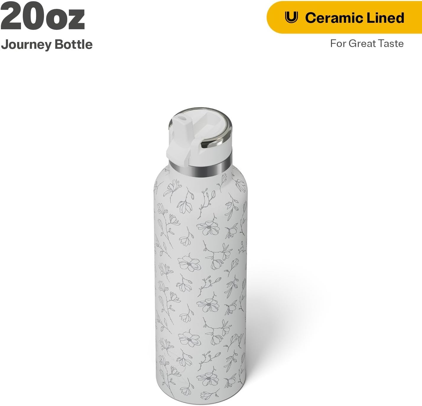 RTIC 20oz Journey Bottle Metal Stainless Steel Vacuum Insulated, BPA Free, Reusable, for Water, Hot and Cold Drinks, Travel, Sports, Camping, White Magnolias