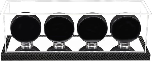 Hockey Puck Display Case for 4 Pack in one, Arcylic Puck Display Holder Stand UV Protected Dustproof Clear Display Cube Free Standing Display Cases with Carbon Fiber Skin Base and Mirror Base