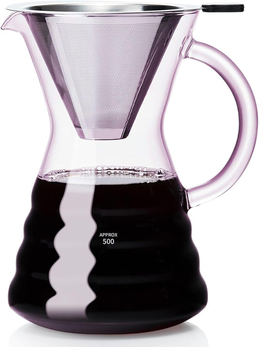 Unbreakable - Pour Over Coffee Maker with Permanent Stainless Filter 32 fl oz, Thickened Heat-Resistant Borosilicate Glass Dripper Coffee Brewer, Stovetop Safe, Pink