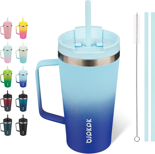 BJPKPK Insulated Tumbler with Handle, 18oz Insulated Tumblers with Lid and Straw, Stainless Steel Metal Water Bottles, Coffee Travel Mugs, Cups, Sky