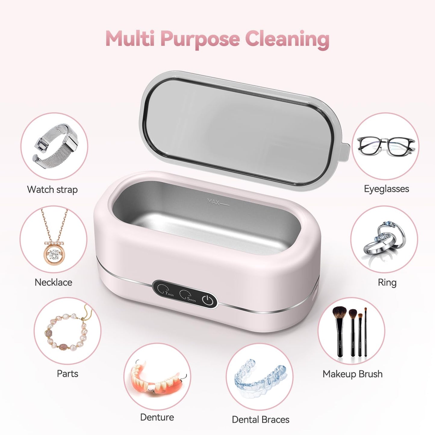 Ultrasonic Jewelry Cleaner, Upgraded 48KHz Ultrasonic Cleaner Machine with 304 Stainless Steel for Jewelry, Eyeglasses, Rings, Dentures, Watch Strap（Light Pink）