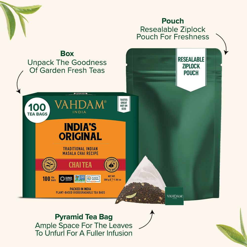 VAHDAM, India's Original Masala Chai Tea Bags (100 Count) No Added Flavoring | Blended w/Exotic Spices | Whole Leaf Tea Bags | Resealable Ziplock Pouch
