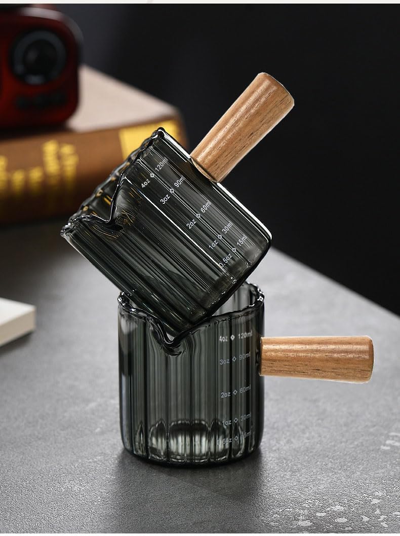 Espresso Cups Set of 2, 4 OZ Espresso Shot Glass with Handle V-Shaped Mouth, Ribbed Milk Frothing Pitcher, Glass Measuring Cup,Cappuccino Cup, Coffee Bar Accessories (Gray)