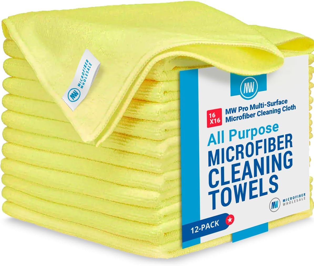 MW Pro Microfiber Cleaning Cloth | Yellow (12 Pack) | Size 16" x 16" | All Purpose Microfiber Towels - Clean, Dust, Polish, Scrub, Absorbent