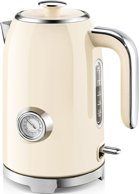 SUSTEAS Electric Kettle - 57oz Hot Tea Kettle Water Boiler with Thermometer, 1500W Fast Heating Stainless Steel Tea Pot, Cordless with LED Indicator, Auto Shut-Off & Boil Dry Protection, Beige