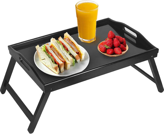 Multi-Purpose Bamboo Wood Lap Desk - Folding Legs, Breakfast Food Tray, Serving Dinner Tea TV Tray - Lightweight, Minimalist Black